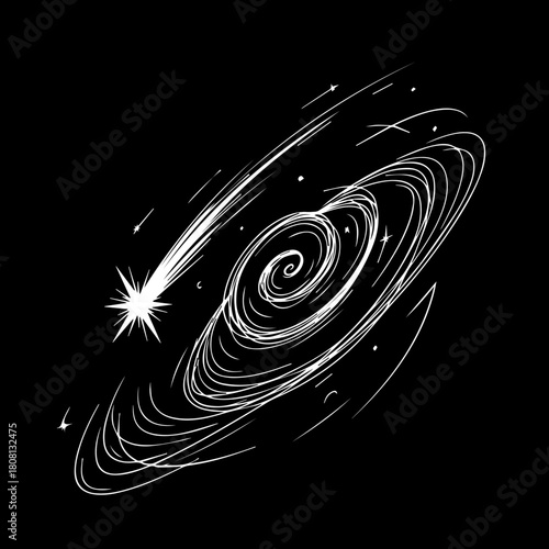Artistic hand-drawn spiral galaxy and shooting star in monochrome, illustrating the cosmic wonder and dynamic beauty of the universe with an elegant sketch style