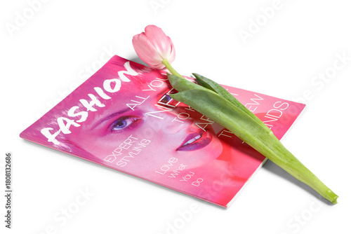 Magazine with pink tulip on...