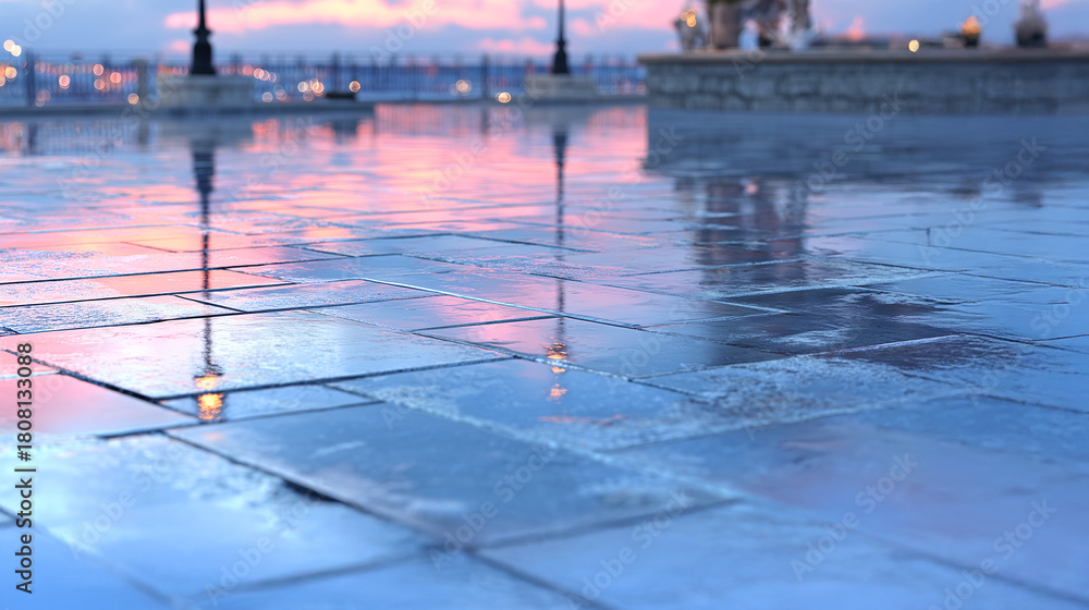 Obraz premium 雨上がりの石畳に映る夕焼けの反射