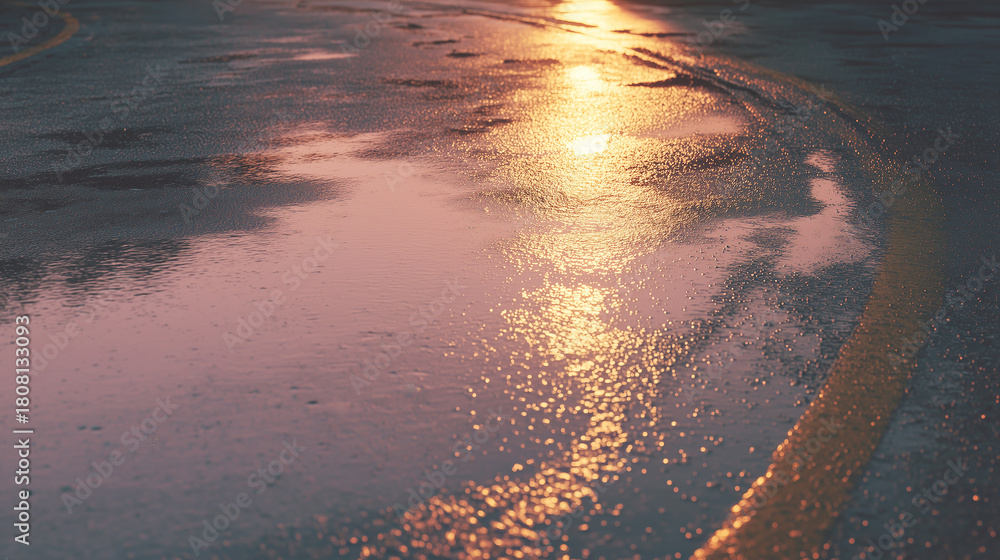 Obraz premium 雨上がりの石畳に映る夕焼けの反射