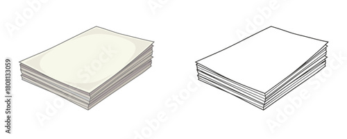 Realistic color and black and white drawing of a small stack of blank paper sheets for printing or writing vector illustration isolated on white background without shadow