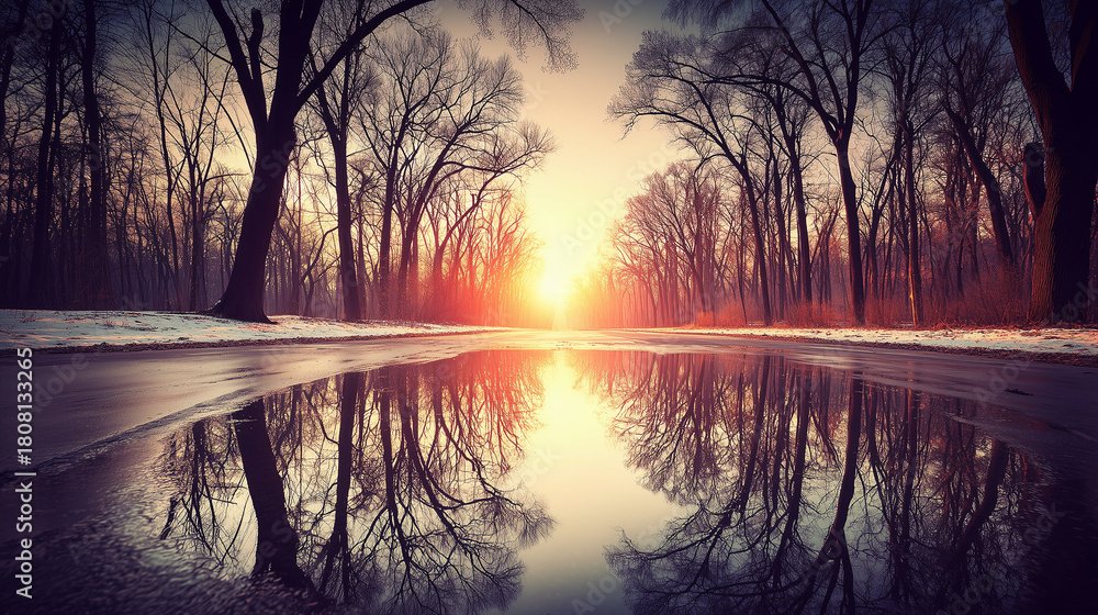 Obraz premium 雨上がりの石畳に映る夕焼けの反射