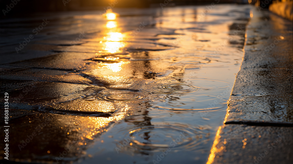 Obraz premium 雨上がりの石畳に映る夕焼けの反射