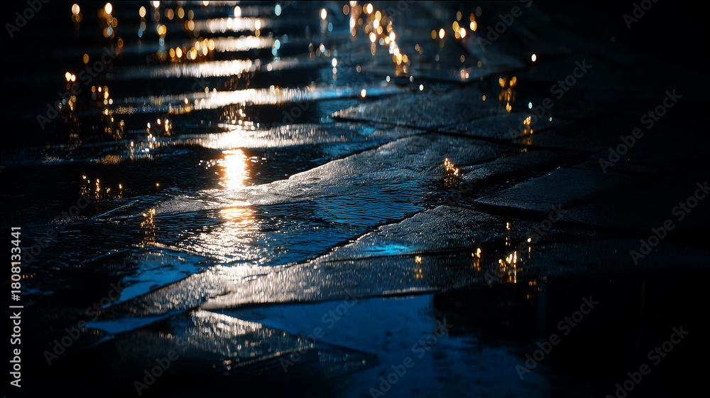 Obraz premium 雨上がりの石畳に映る夕焼けの反射