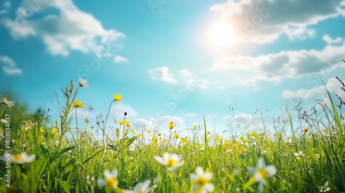 Fototapeta Naklejka Na Ścianę i Meble -  Green grass and colorful wildflowers reaching up towards a bright sun in a clear blue sky, creating a vibrant spring or summer scene