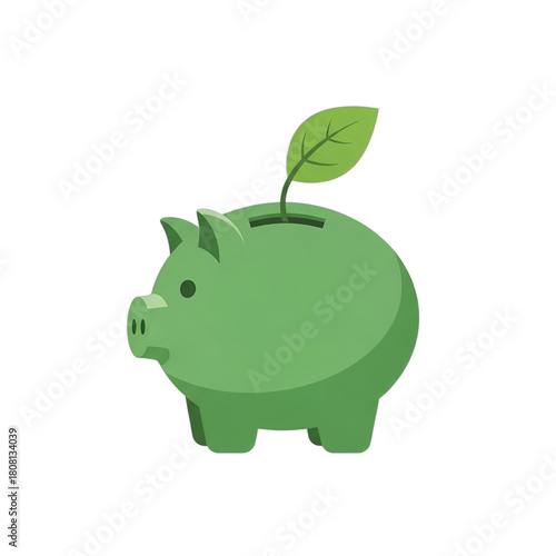 Green piggy bank with a leaf, ideal for illustrating eco-saving, sustainable investments, green finance, or Earth Day campaigns. Perfect for articles on CSR, ethical banking,