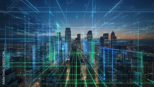 A futuristic cityscape at dusk with a grid of green and blue lines and dots overlaid, conveying a sense of technology and innovation in a modern urban environment.