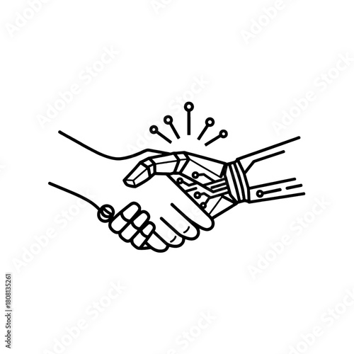 Human and robot hands shaking in a symbolic gesture of partnership, technology integration, and future collaboration, depicted as a black outline illustration isolated on transparent background.