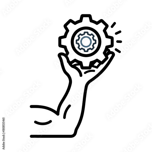 Powerful hand firmly grasping a stylized gear icon, symbolizing control, settings, innovation, and mechanical solutions, isolated on transparent background.