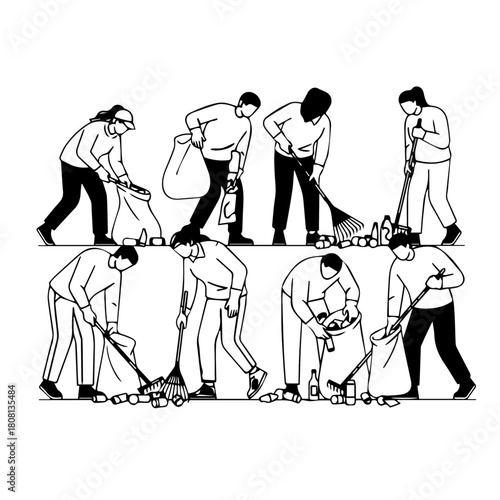 A diverse group of volunteers in a line art illustration participating in a community cleanup to protect the environment