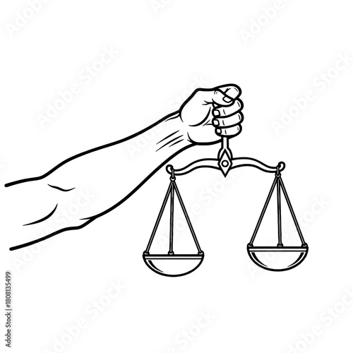 A human arm and hand firmly holding a classic balance scale, symbolizing justice, equality, and measurement, isolated on transparent background.