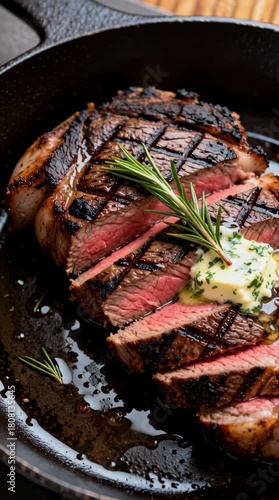 Sizzling steak on cast iron pan, rosemary and herb butter melting beautifully in delicious food video, perfect for cooking tutorials and culinary promotions