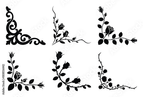 Elegant decorative corner elements featuring floral rose silhouettes and intricate scrollwork designs