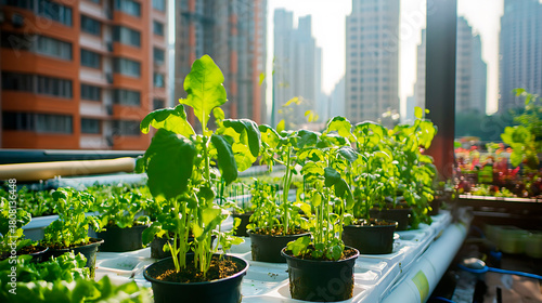 Fototapeta Naklejka Na Ścianę i Meble -  Green plants thriving in pots on a city rooftop, showcasing sustainable urban farming and local food production against a bright skyline