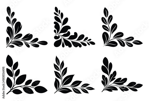 Stylized floral corner designs set with natural leaf motifs for elegant graphic decor