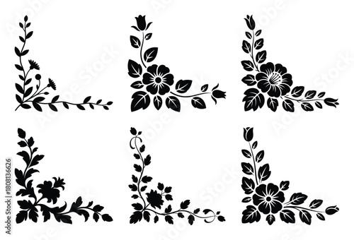 Elegant decorative floral corner designs set for vintage page borders and invitations.