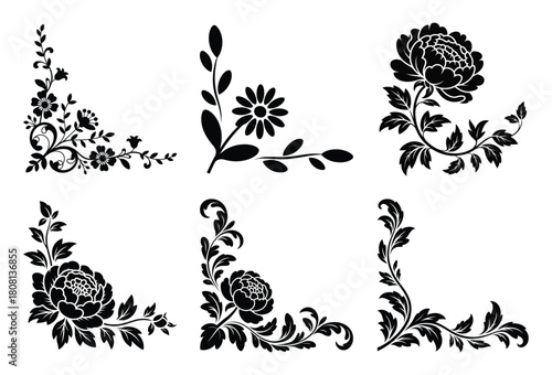 Elegant decorative floral and scrollwork corners collection in classic silhouette style art.