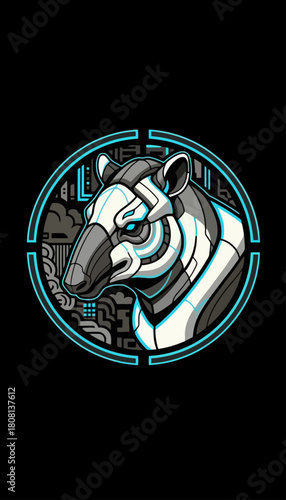 A futuristic robotic tapir with glowing blue eyes, depicted in a circular emblem with technological background elements.