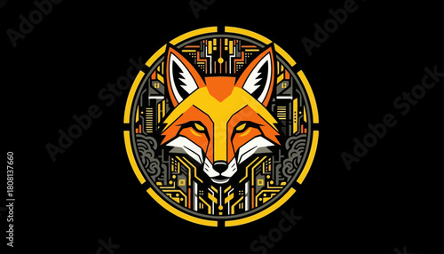 A stylized digital art illustration of a fox head with intricate circuit board patterns in a circular frame on a black background.