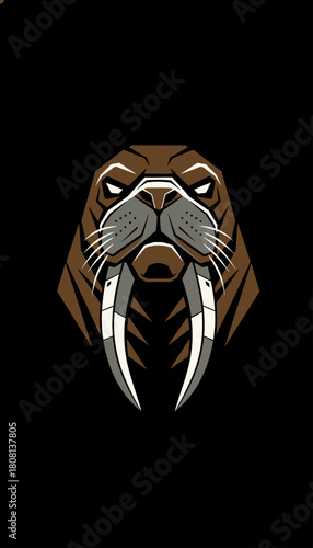 A fierce and stylized walrus head with prominent tusks and an aggressive expression, set against a stark black background, rendered in a graphic design style.