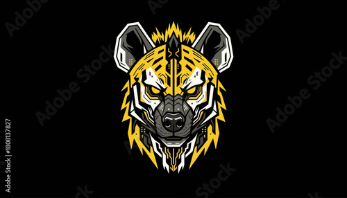 A fierce and stylized robotic hyena head with glowing yellow eyes on a black background, featuring sharp lines and a metallic texture.