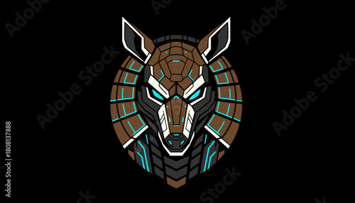 A stylized, futuristic robotic armadillo head with glowing blue eyes and intricate brown and black segmented armor, set against a solid black background.