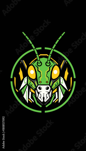 Stylized robotic praying mantis head with green and yellow accents in a circular emblem on a black background.