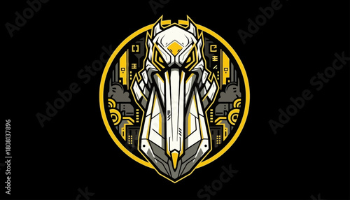A stylized, robotic pelican head with sharp, angular features and glowing yellow eyes, set against a dark background with circular yellow accents.