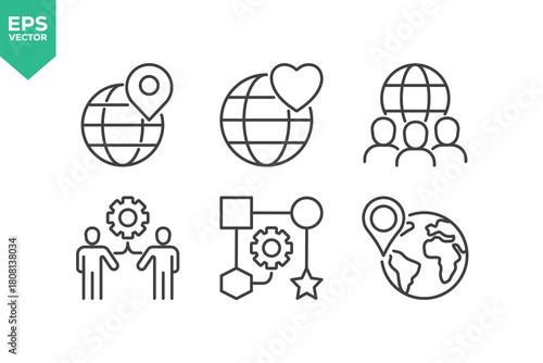Set Of Global Business Icons. Outline Symbols Elements Collection.