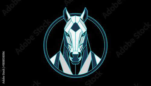 Stylized robotic horse head with geometric patterns and glowing blue accents.
