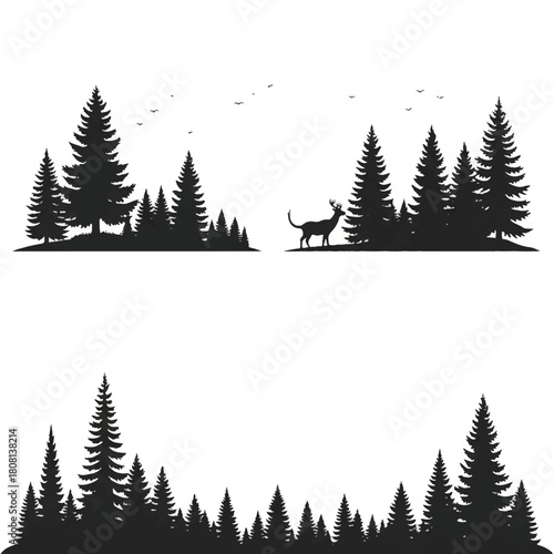 Silhouette of a forest scene with pine trees and a deer, illustrating nature's tranquility