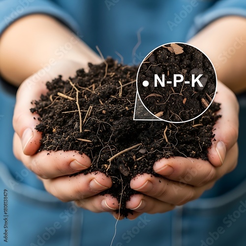 Rich soil held in hands with NPK nutrient labeling highlighting fertilizer components for plant growth and development