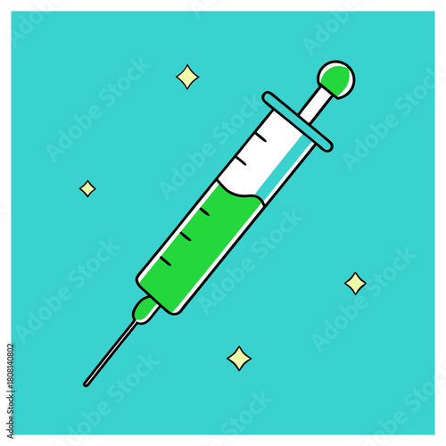 A green syringe with vaccine on a blue background, representing vaccination, medical treatment, and healthcare in a simple and modern design