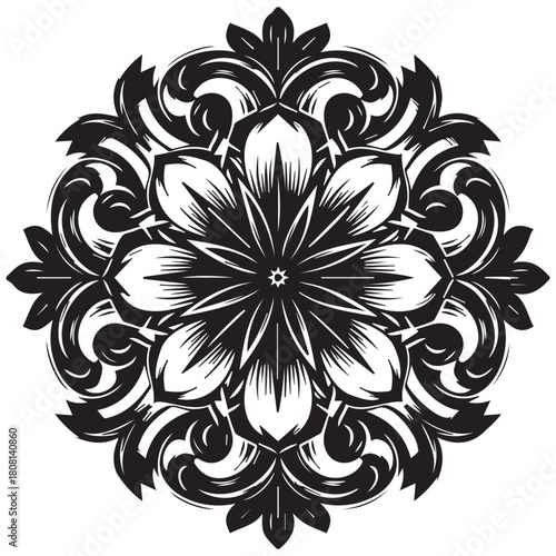Black abstract floral mandala with swirling petals and leaves