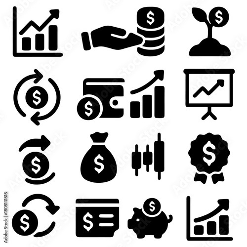 Financial Icon Collection: A collection of various financial icons that represents business, finance and investment in black color, against a clean backdrop.