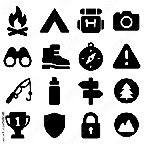 Camping Icon Collection: An array of camping icons, neatly arranged and ready for use. These icons represent essential camping elements.