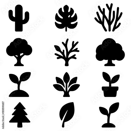 Nature's Silhouette: An array of minimalist icons showcasing the diversity of plants, from spiky cacti to broad leaves, all cast in a stark, artistic style.