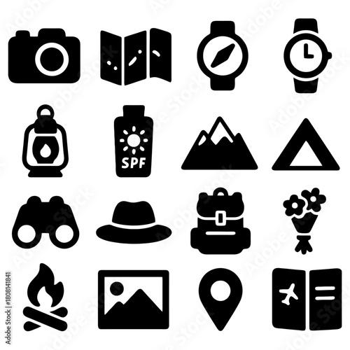Essential Travel Icons: A set of essential travel icons, meticulously designed in a minimalist style, presenting a range of tools and objects for adventure and exploration. 