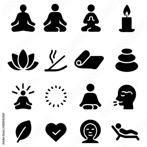 Tranquility Symbols: A collection of various symbols, illustrating meditation, yoga, and inner peace, perfect for wellness practices and spiritual exploration. 