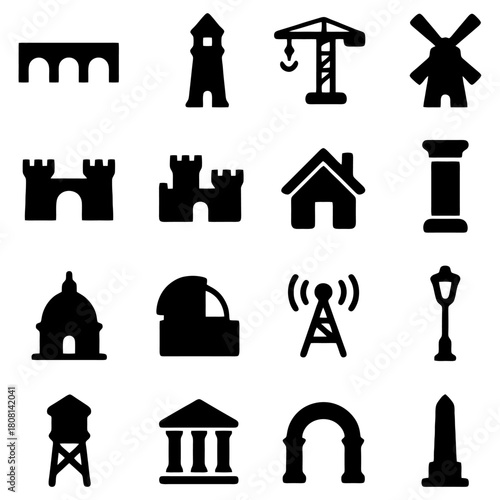 Architectural Silhouette Collection: A diverse compilation of architectural icons, each a bold silhouette against a neutral backdrop, representing structures.