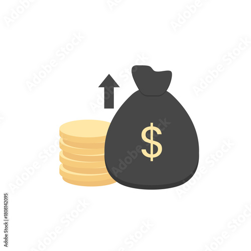 Minimalist flat illustration of a dark money bag with dollar symbol beside stacked gold coins and an upward arrow, representing financial growth and increasing revenue