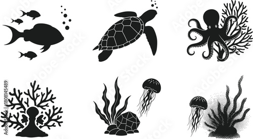 Underwater marine life vector illustration set with fish, sea turtle, octopus, jellyfish, coral reef and ocean plants, perfect for ocean conservation and aquatic design themes