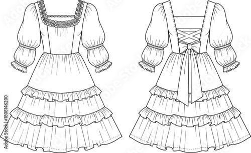 Victorian inspired ruffled dress technical flat sketch with puff sleeves, lace trim details and tiered skirt design, cad drawing flat vector illustration