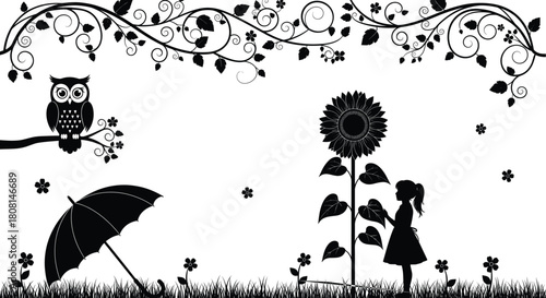 Whimsical silhouette scene of little girl with sunflower, owl on branch, umbrella and floral vines, magical nature illustration perfect for storytelling, children’s art and nursery design