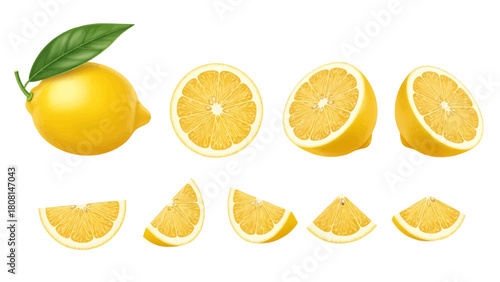 Vector illustration of fresh whole lemon with a green leaf, along with various slices and wedges, isolated on transparent background 
