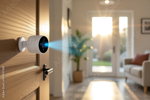 A modern home security camera with a focused light beam. The camera is mounted on a wooden door, overlooking the interior of a bright living room, the beam suggests advanced surveillance technology