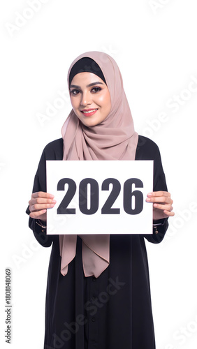 young woman, with the words Happy New Year 2026