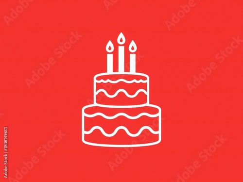 Simple white outline of a two tier birthday cake with three candles on a red background