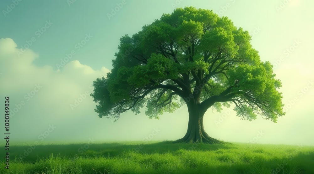 Fototapeta premium Serene Landscape Featuring a Majestic, Ancient Tree in a Lush Meadow Under a Soft, Misty Sky