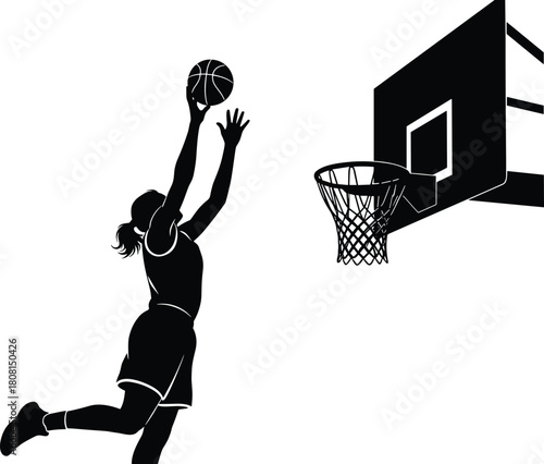 Silhouette vector illustration of female basketball player jumping to score, dynamic sports action scene with hoop, athletic movement emphasized in bold black artwork, competition concept